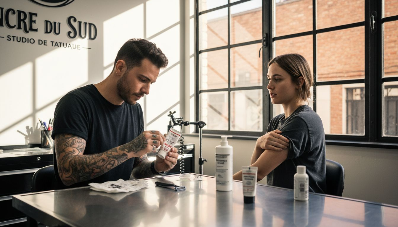 Le tatoueur échange avec son client au sujet des solutions anesthésiantes avant de commencer la séance.