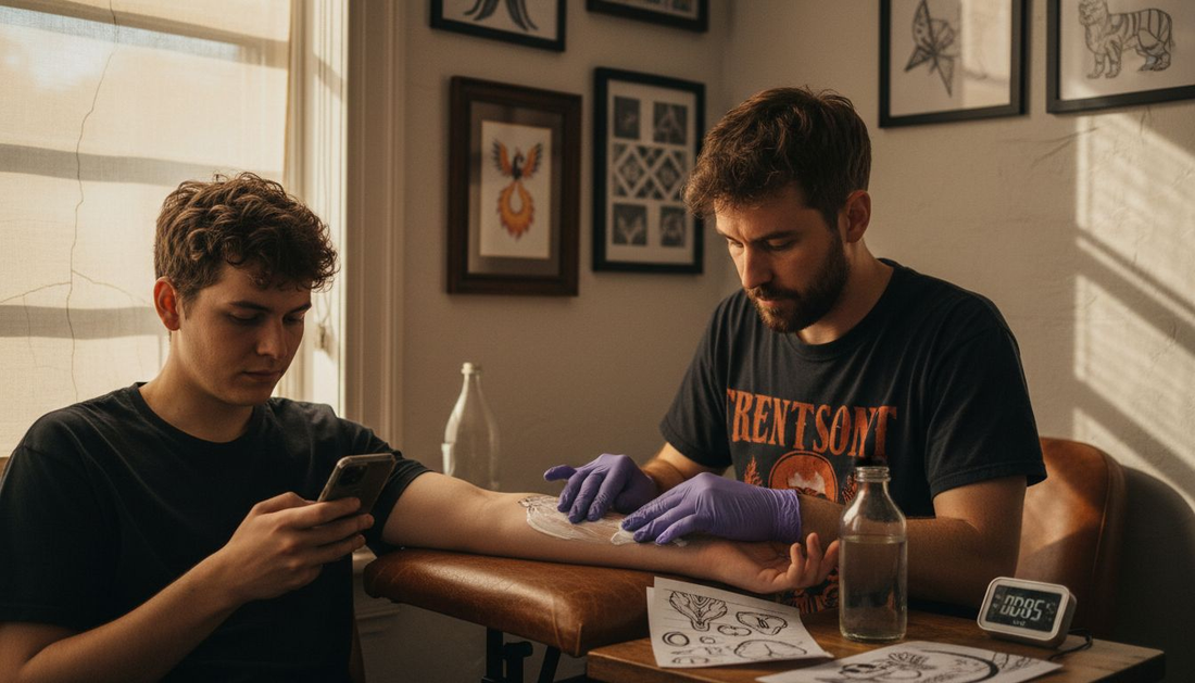 Tattoo artist applying numbing cream on forearm