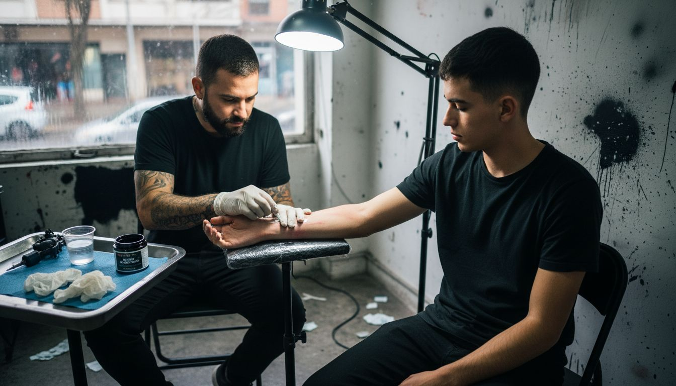 El tatuador está aplicando una crema anestésica en el antebrazo antes de comenzar el diseño.