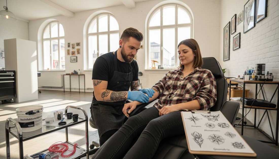 Ein Tätowierer trägt eine betäubende Creme auf die Haut seines Kunden auf, um das Stechen angenehmer zu machen.