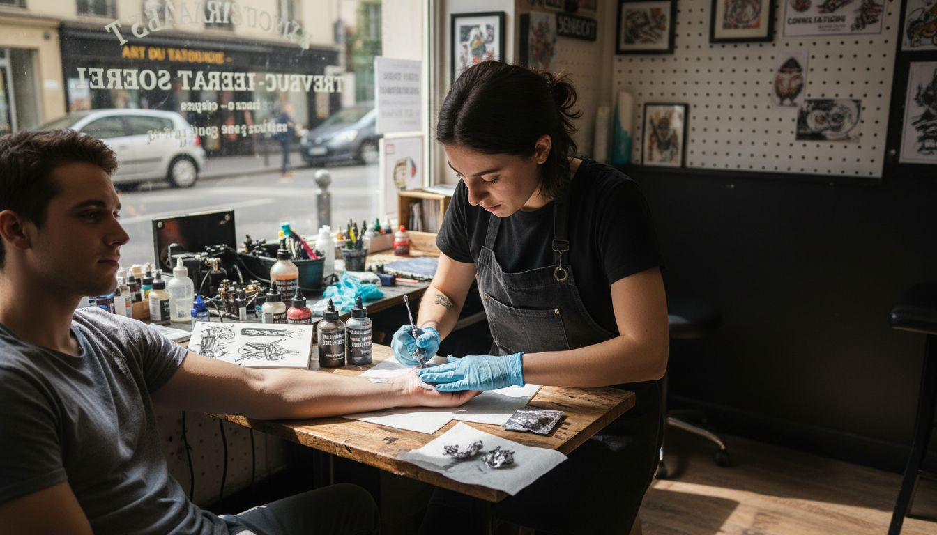 Le tatoueur applique une crème anesthésiante sur la peau du client avant de commencer la séance.