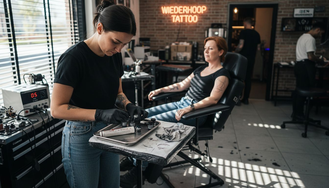 Tattoo-artiest maakt zich klaar voor een pijnloze sessie