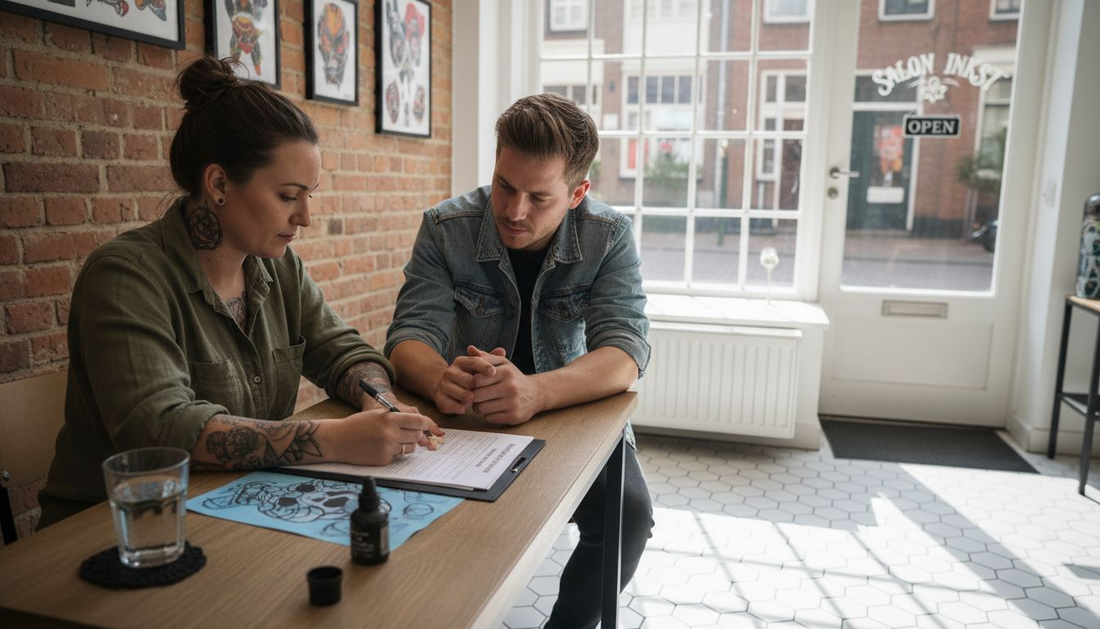 De tatoeëerder loopt samen met de klant het intakeformulier door.