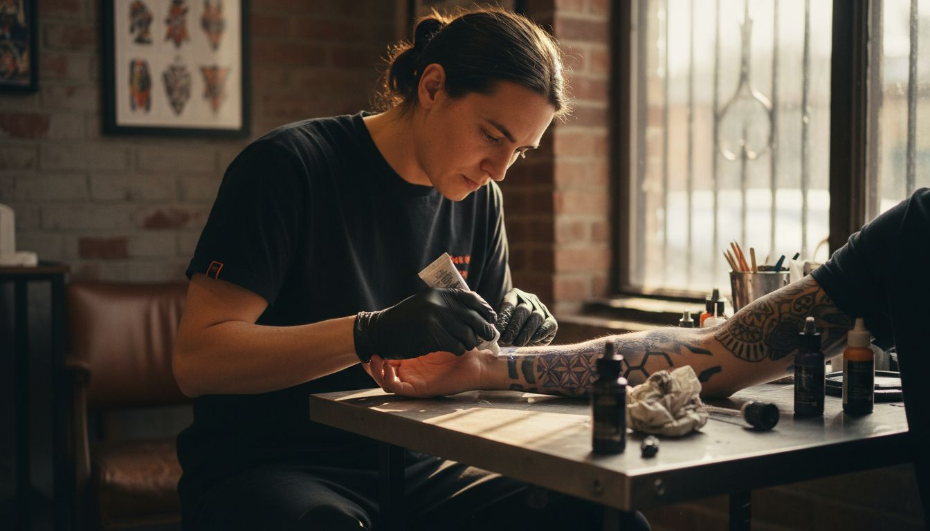 Tattoo artist applying numbing cream