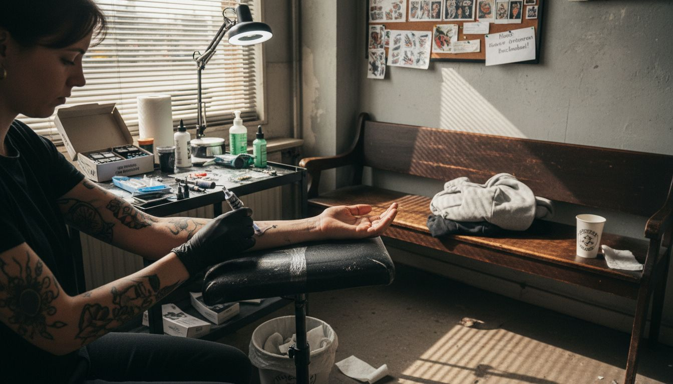 Een tatoeëerder maakt de onderarm van een klant klaar voor een nieuwe tattoo in de studio.