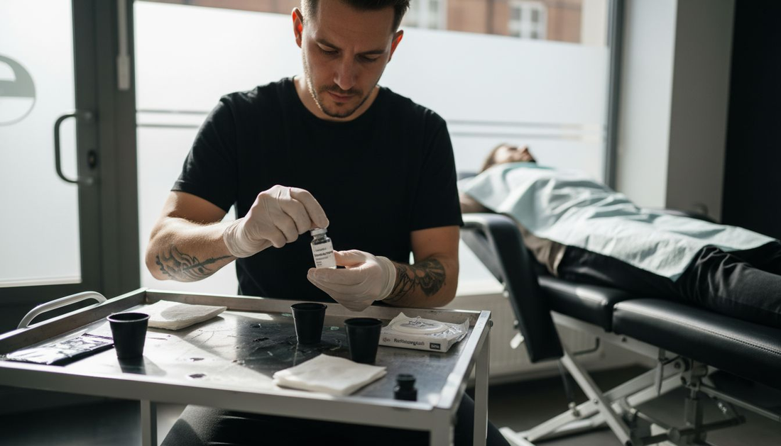Ein Tätowierer bereitet im Studio eine Betäubungscreme für die nächste Sitzung vor.