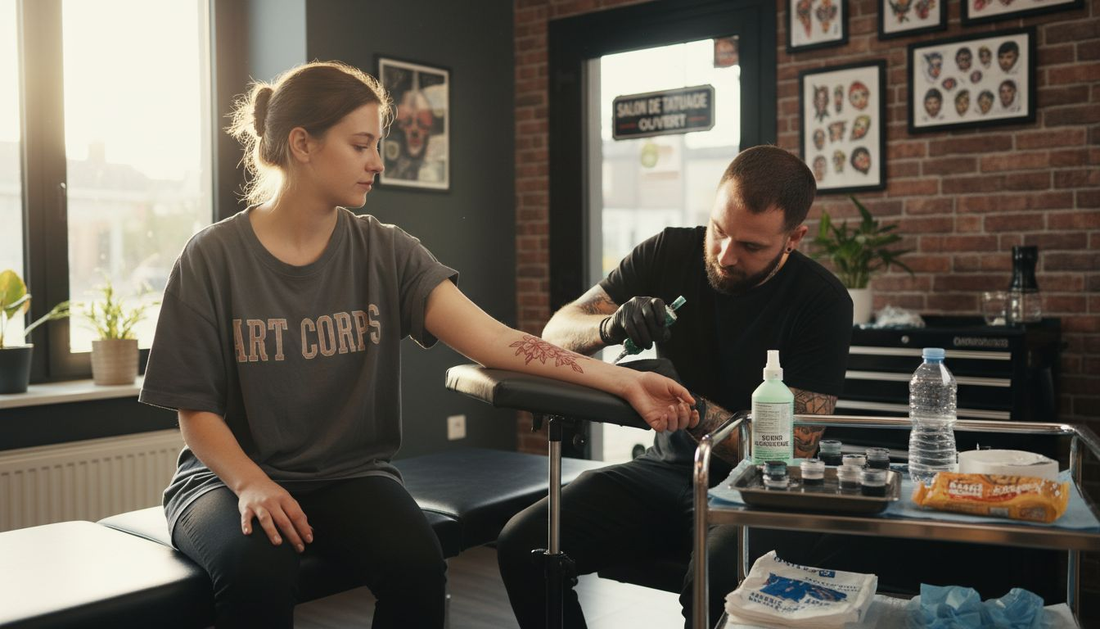 Un tatoueur s’apprête à travailler sur son client dans un studio baigné par la lumière du jour.