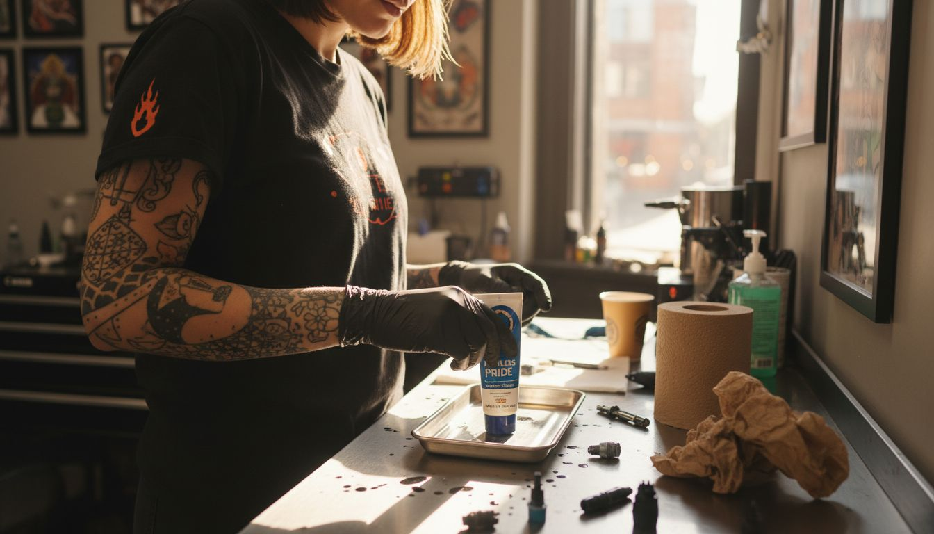 Tattoo artist preparing numbing cream in studio