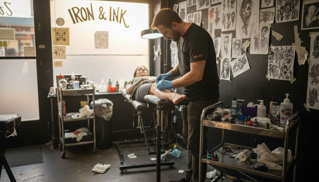 Tattoo artist applying numbing cream in studio