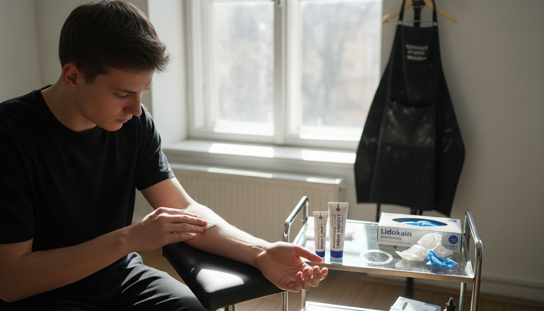 V tetovacím studiu si klient nanáší znecitlivující krém na kůži.