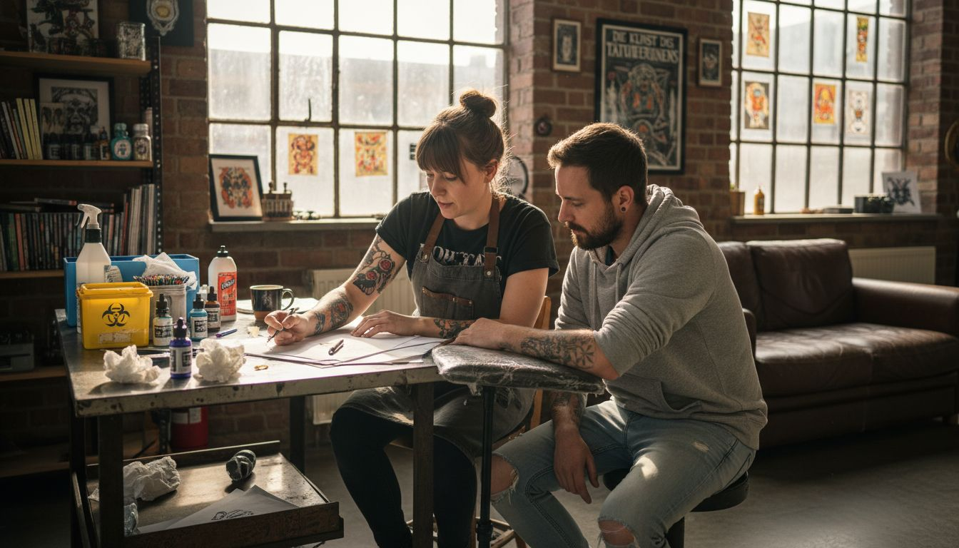 Vor dem Stechtermin bespricht der Tätowierer gemeinsam mit dem Kunden alle Wünsche und Details des Tattoos.