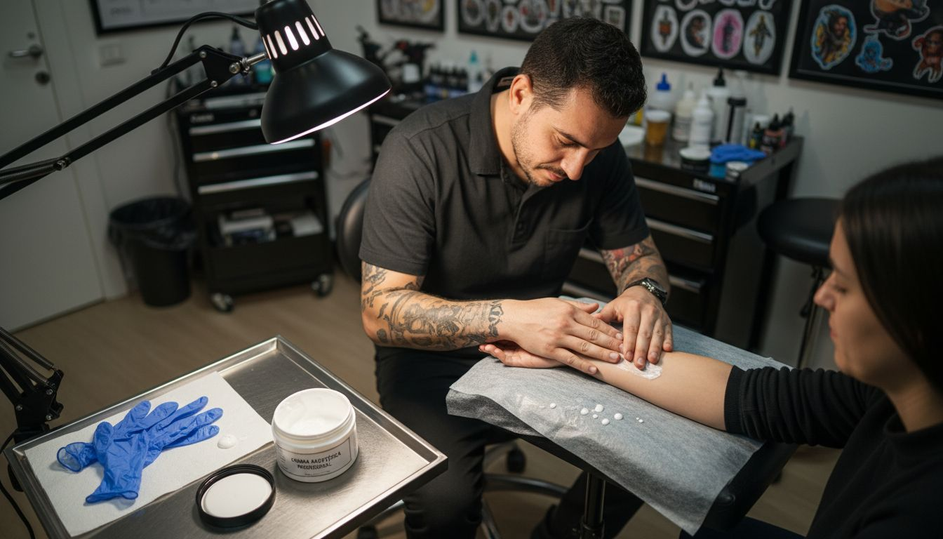 El tatuador aplica crema anestésica en el brazo del cliente antes de comenzar el trabajo.