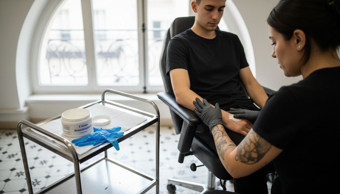 Le tatoueur étale une crème anesthésiante sur le bras du client avant de commencer la séance.