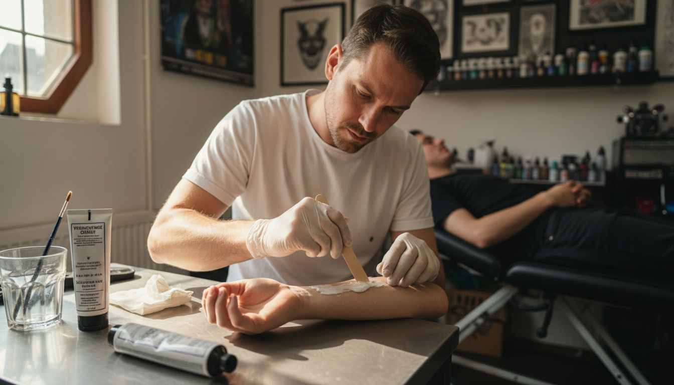 De tatoeëerder smeert een verdovende crème op de arm voordat hij begint met tatoeëren.