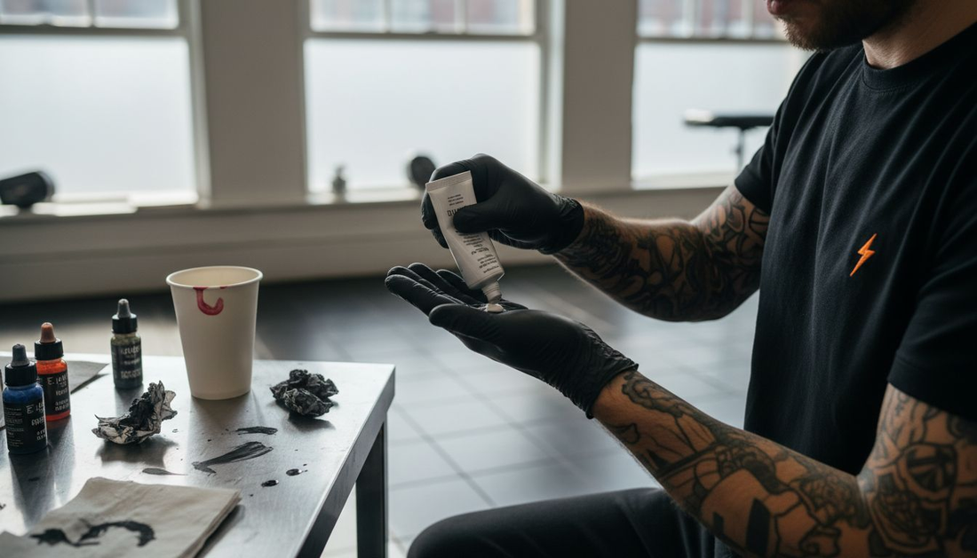 Tattoo artist preparing numbing cream in studio