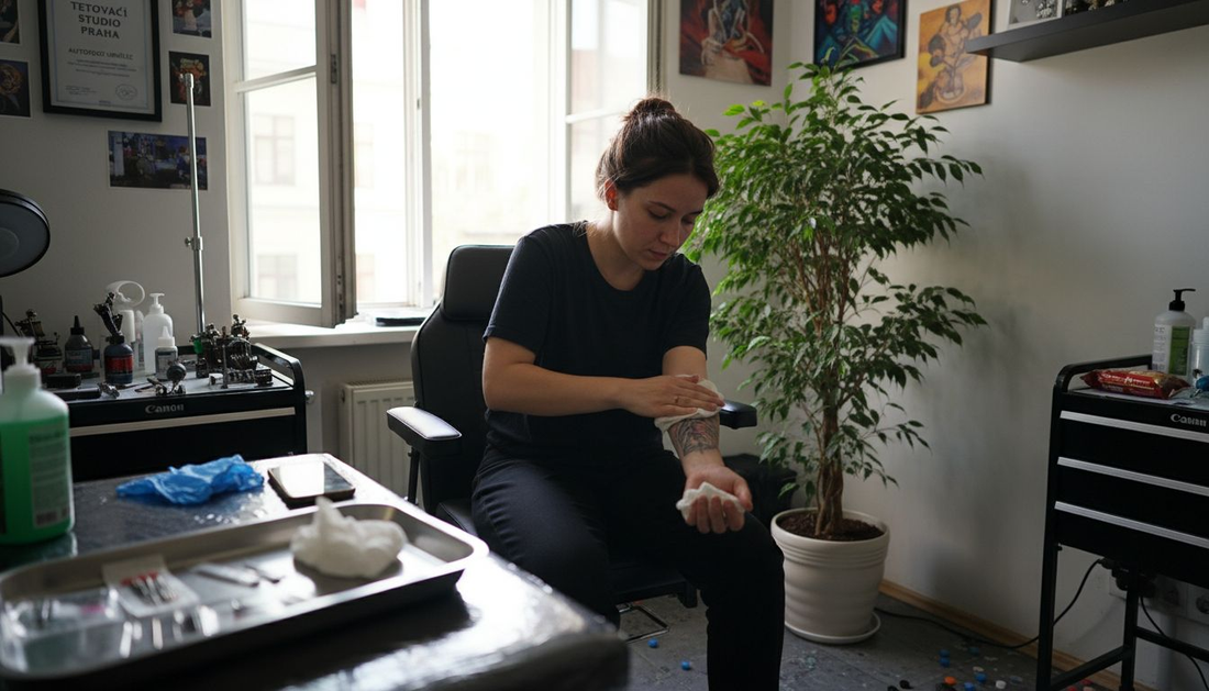 Před nanesením krému na tetování si člověk nejprve pečlivě očistí ruku.
