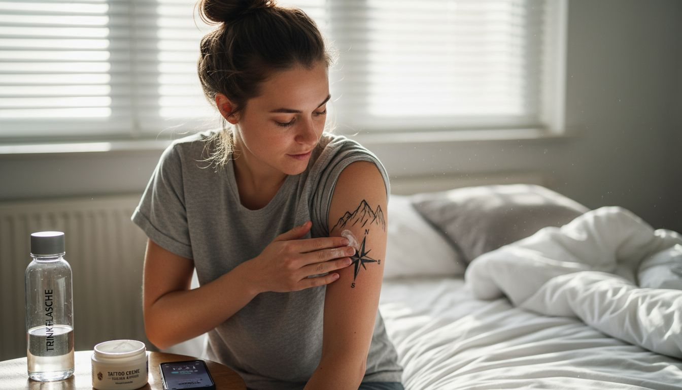 Eine Frau pflegt ihr frisch gestochenes Tattoo in ihrem Schlafzimmer.