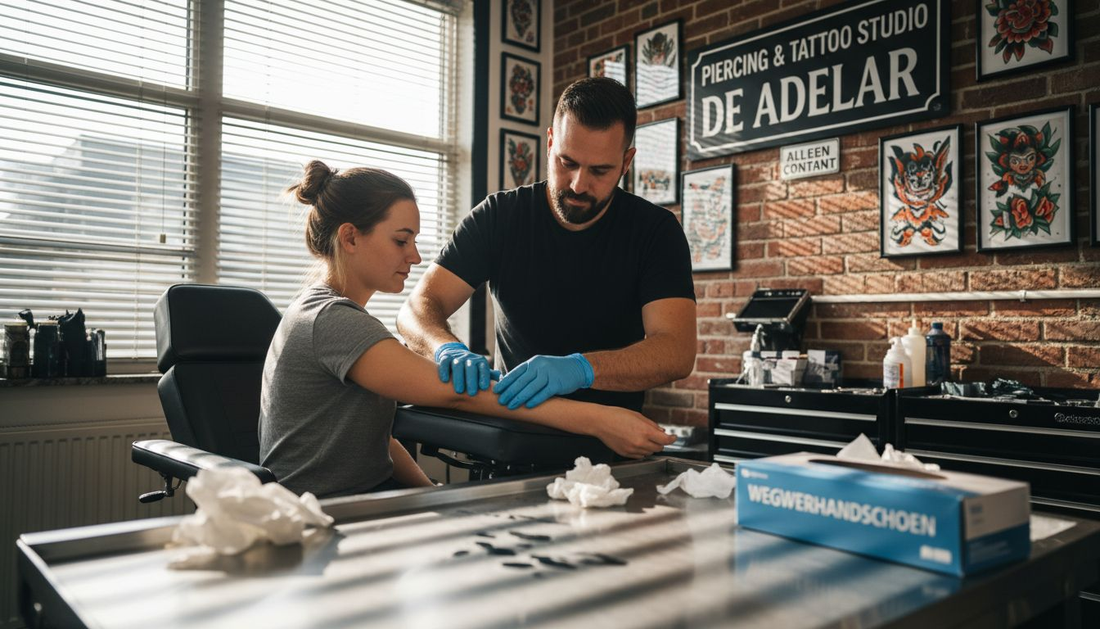 De tatoeëerder brengt verdovende crème aan op de onderarm.