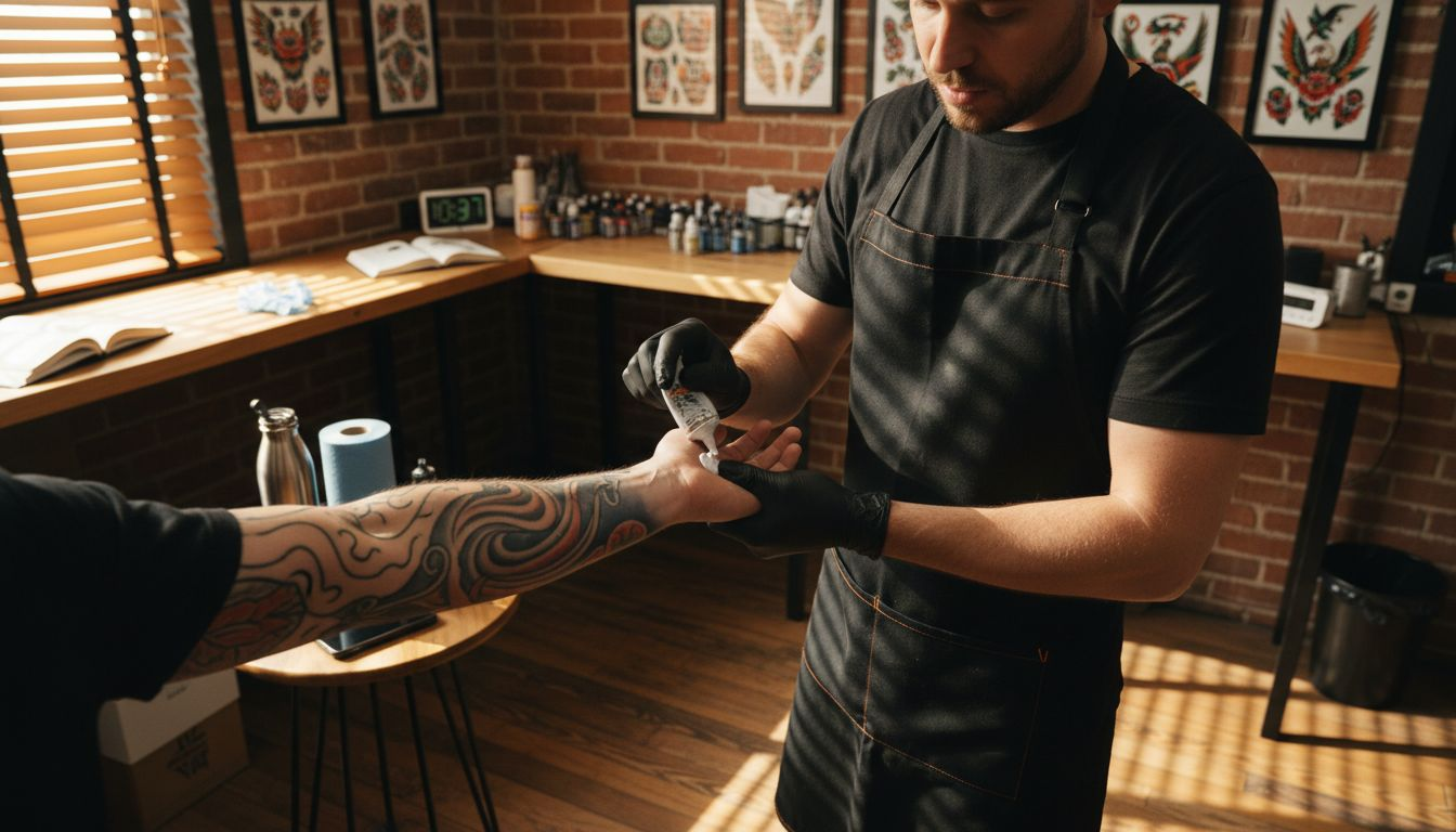 Tattoo artist applying numbing cream