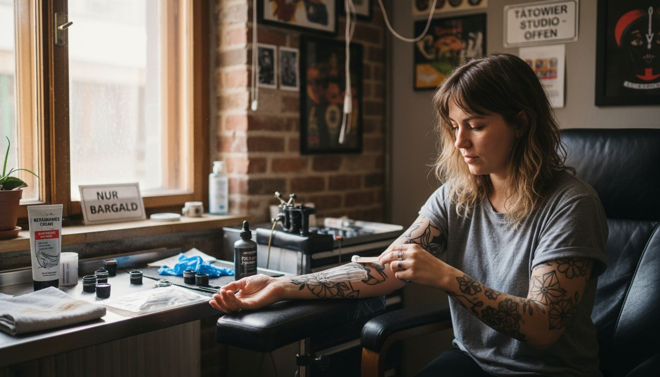 Eine tätowierte Frau trägt im Tattoo-Studio eine Betäubungscreme auf, um die Haut auf ihre nächste Sitzung vorzubereiten.