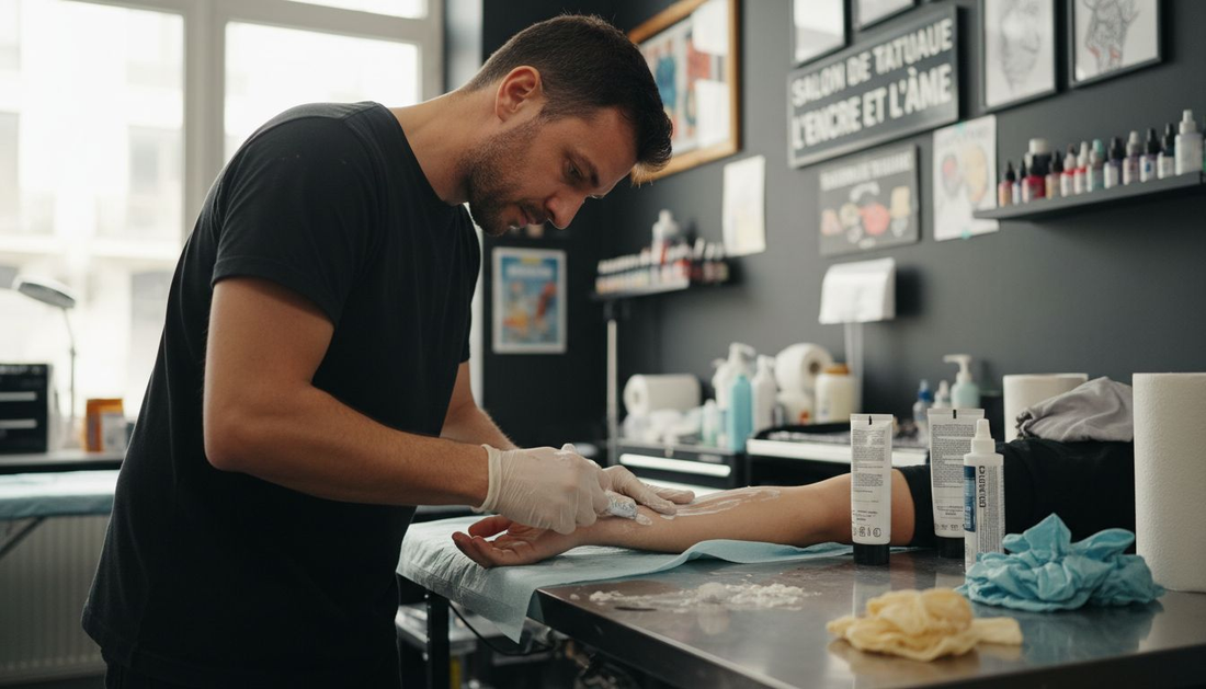 Le tatoueur étale une crème anesthésiante sur le bras de son client avant de commencer le tatouage.