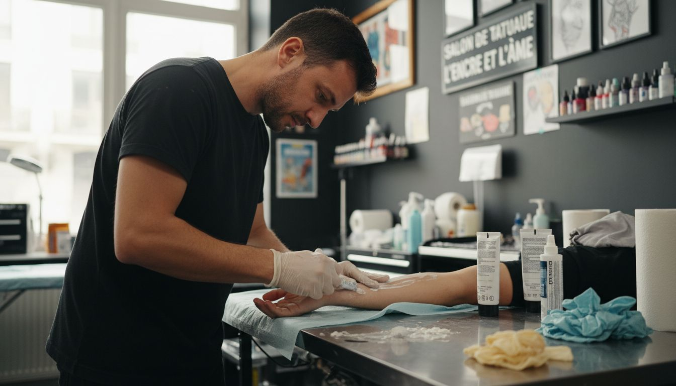 Le tatoueur étale une crème anesthésiante sur le bras de son client avant de commencer le tatouage.