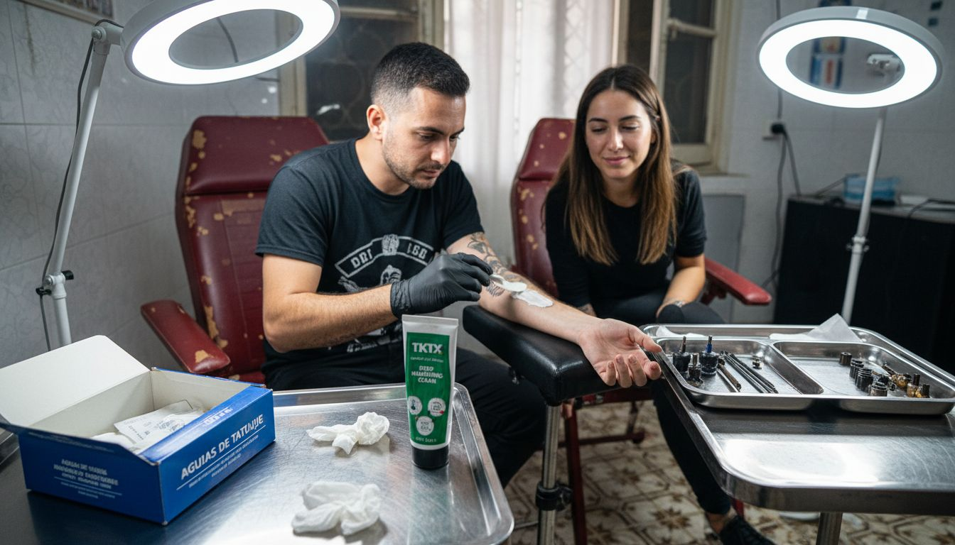 El tatuador le pone crema anestésica al cliente antes de empezar el trabajo.