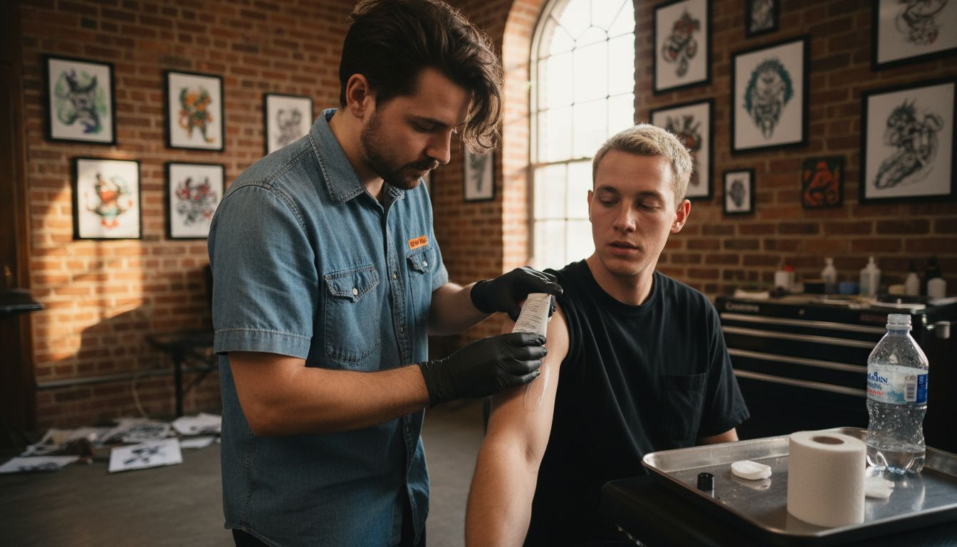 Tattoo artist applies numbing cream in studio