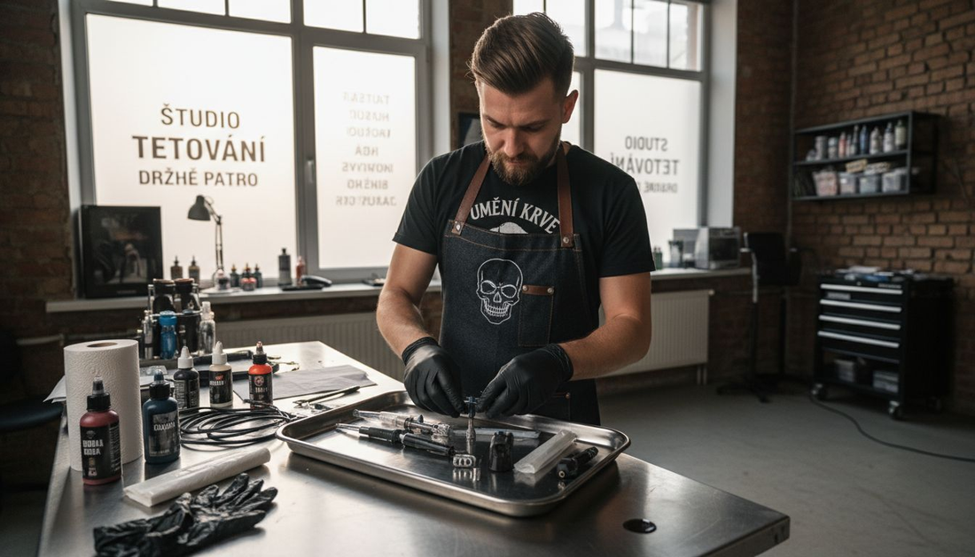 Tattoo artist preparing hygienic workspace