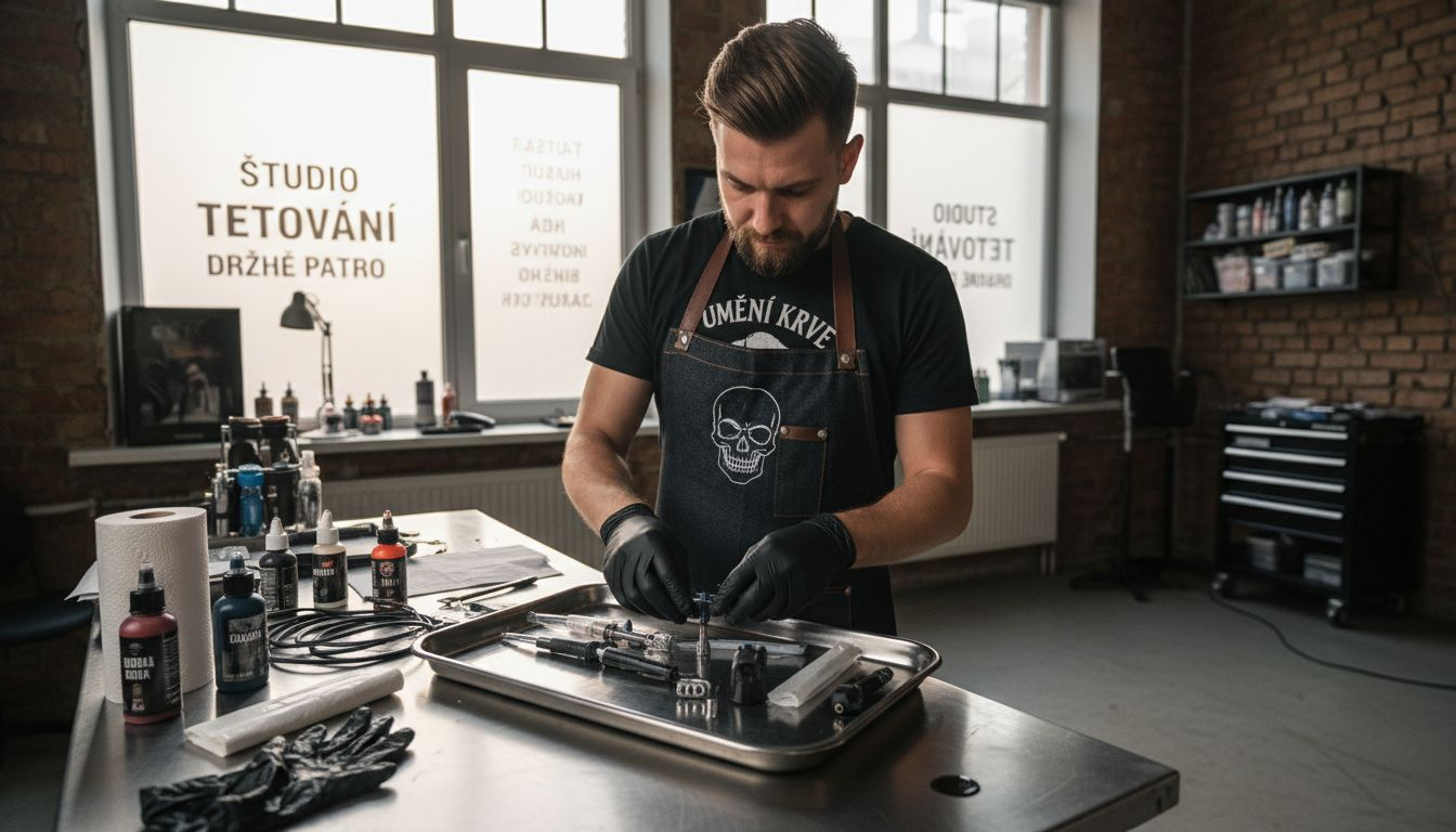 Tattoo artist preparing hygienic workspace