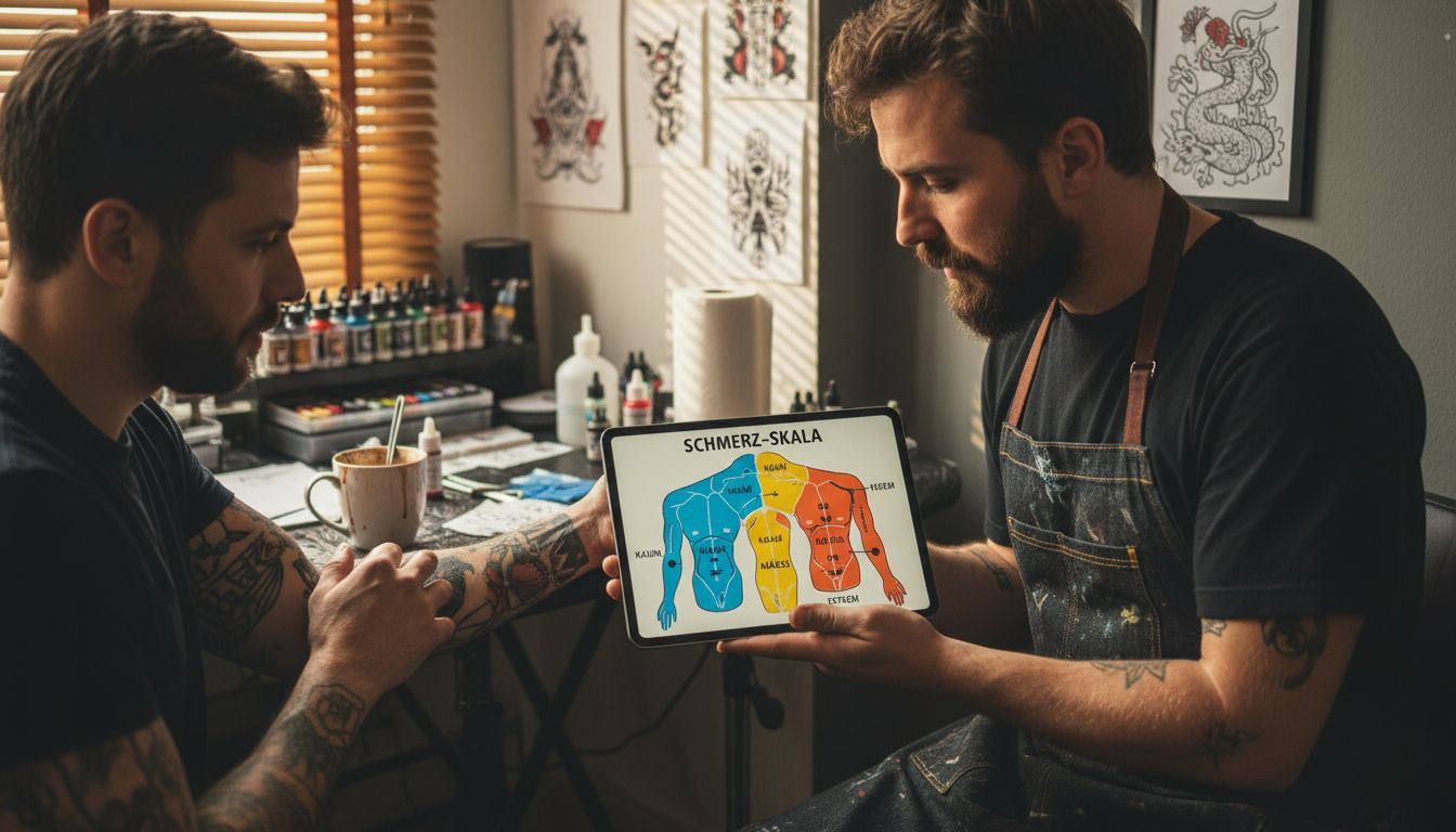 Der Tätowierer zeigt seinem Kunden eine Übersicht, auf der verschiedene Schmerzbereiche beim Tätowieren anschaulich dargestellt sind.