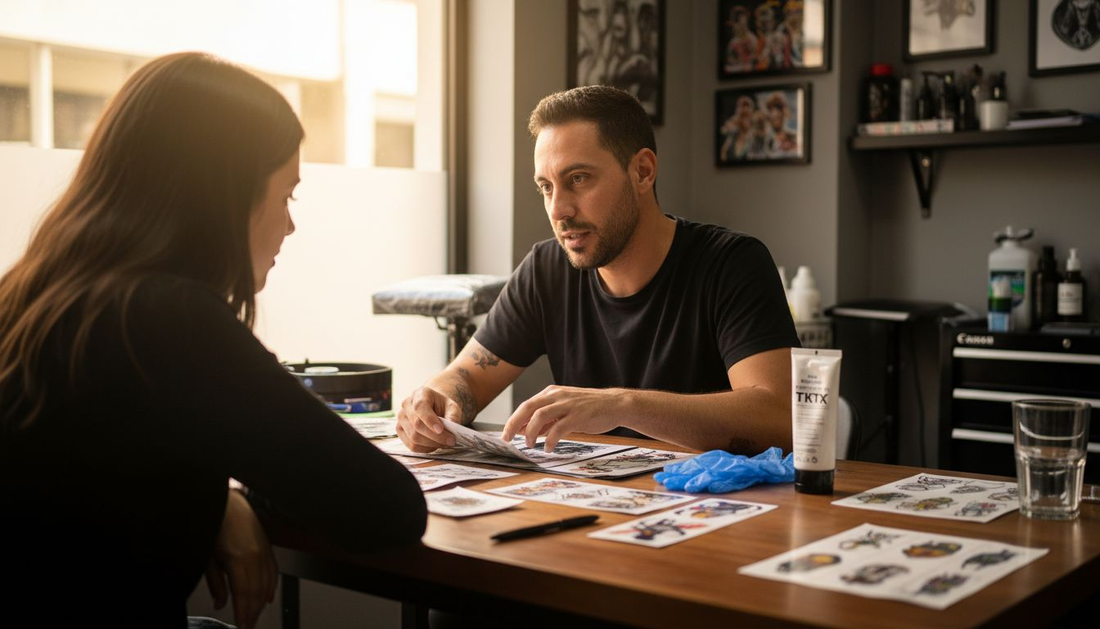 Tatuador explicándole a su cliente cómo funciona la anestesia