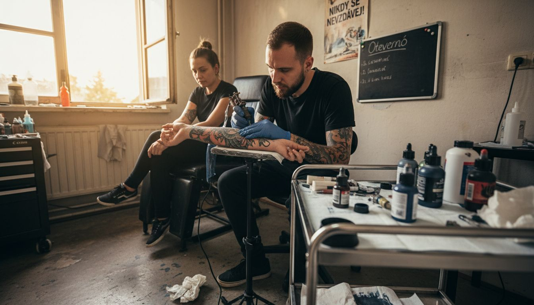 Tatér právě tetuje zákazníka ve svém studiu.