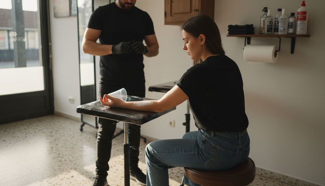 Voordat ze haar tatoeage laat zetten, smeert de vrouw een verdovende zalf op haar huid.