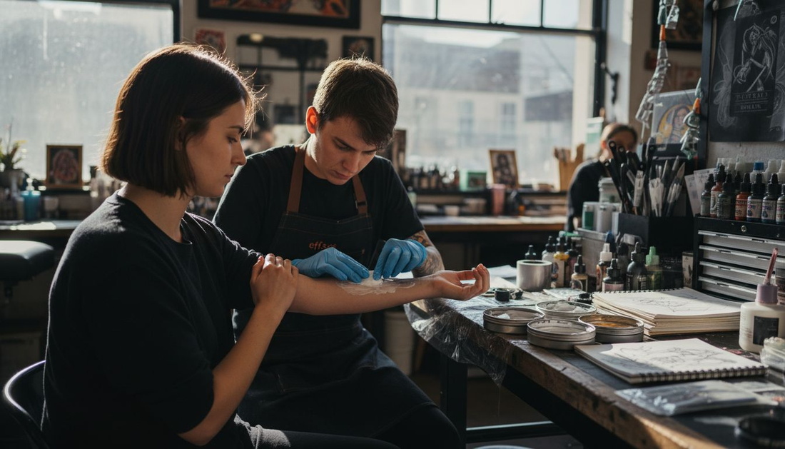 Tattoo artist applying numbing cream