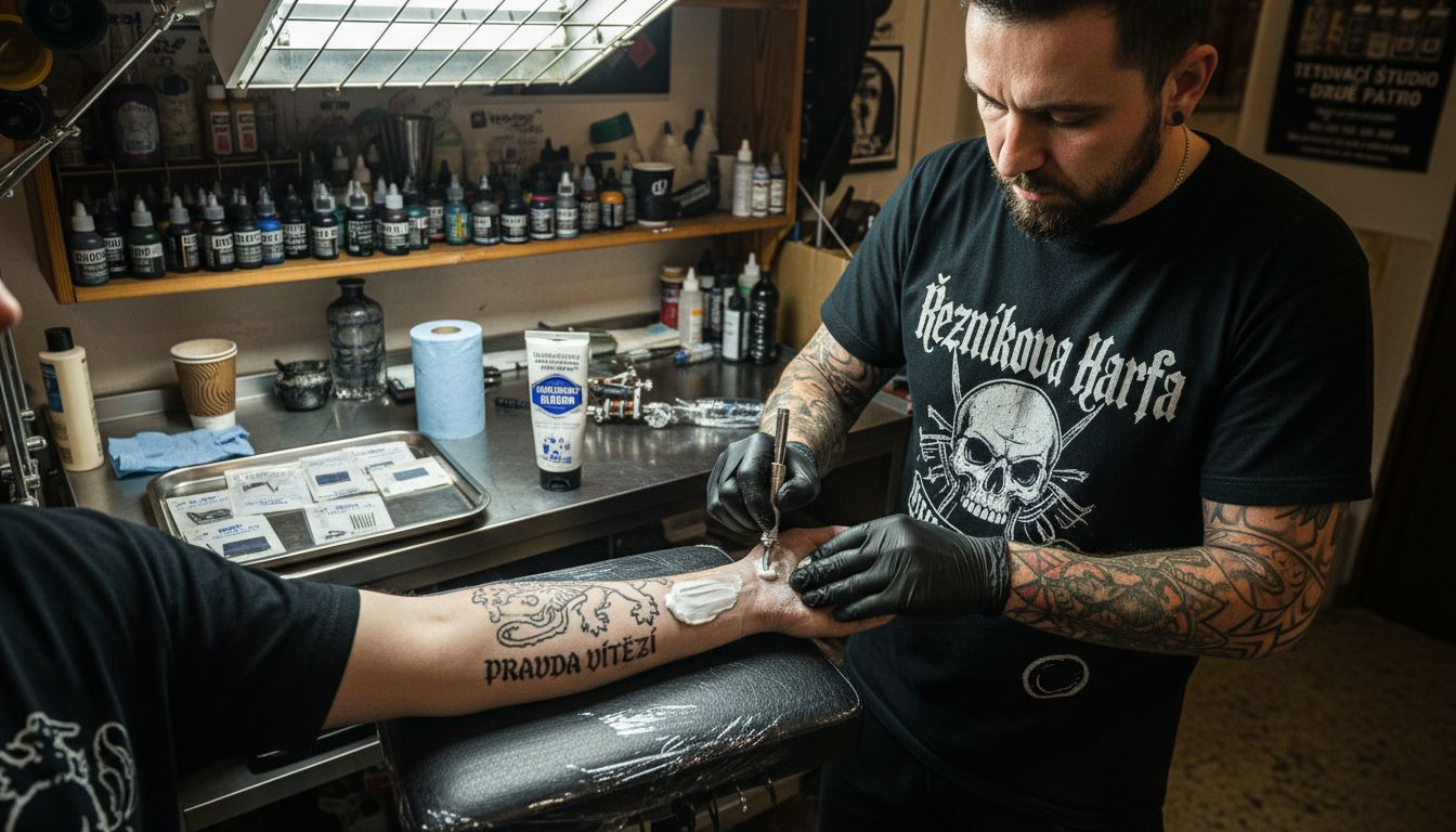 Tatér nanáší znecitlivující krém na pokožku před tetováním.