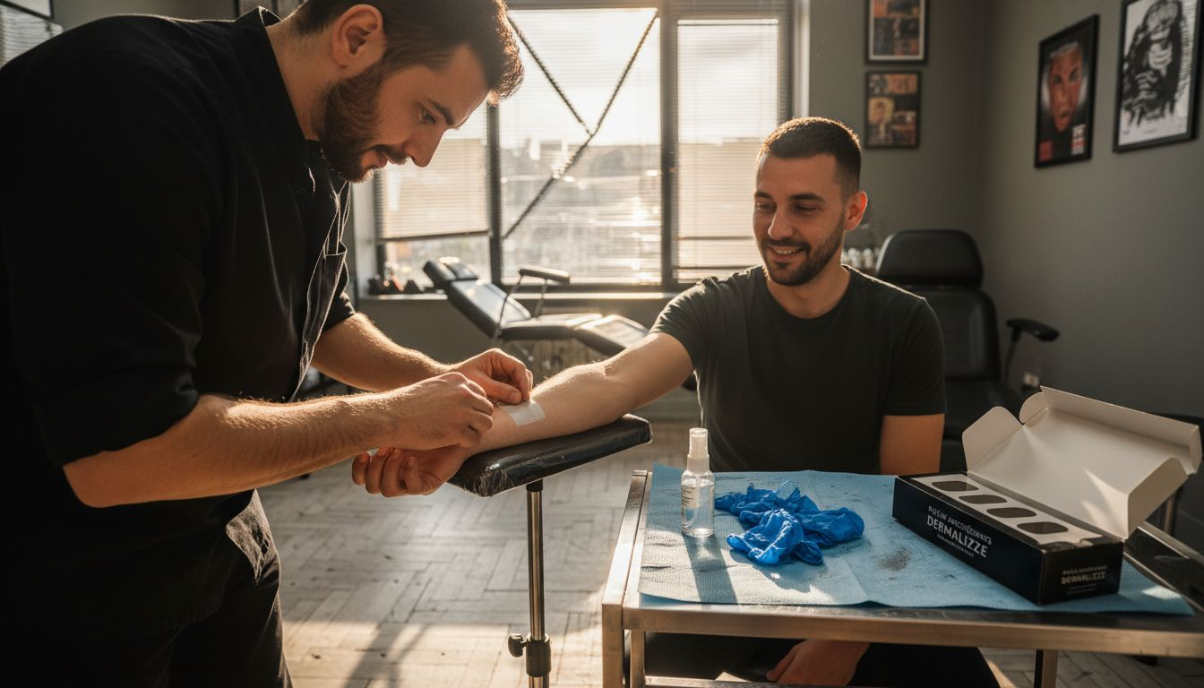 Un tatoueur en train de poser un patch anesthésiant sur le bras d’un client avant de commencer la séance.
