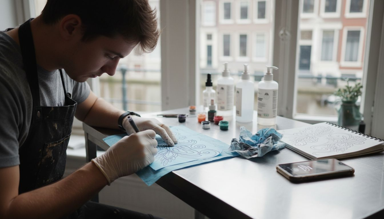 Een tatoeëerder werkt geconcentreerd aan een nieuw ontwerp in zijn studio.