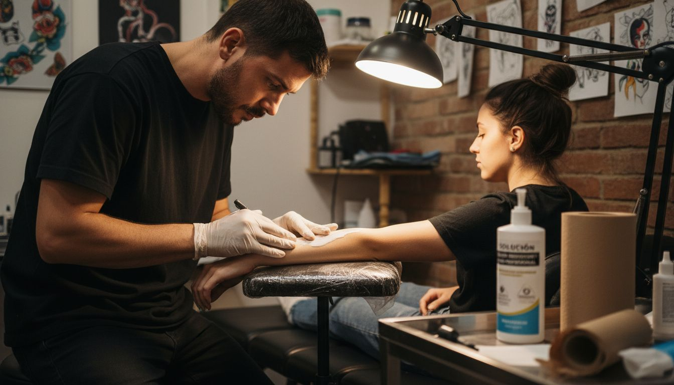 El tatuador aplica una crema anestésica sobre la piel del cliente antes de comenzar el diseño en el estudio.