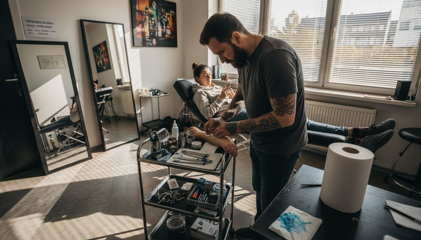 Tatér chystá ruku klienta na nové tetování.