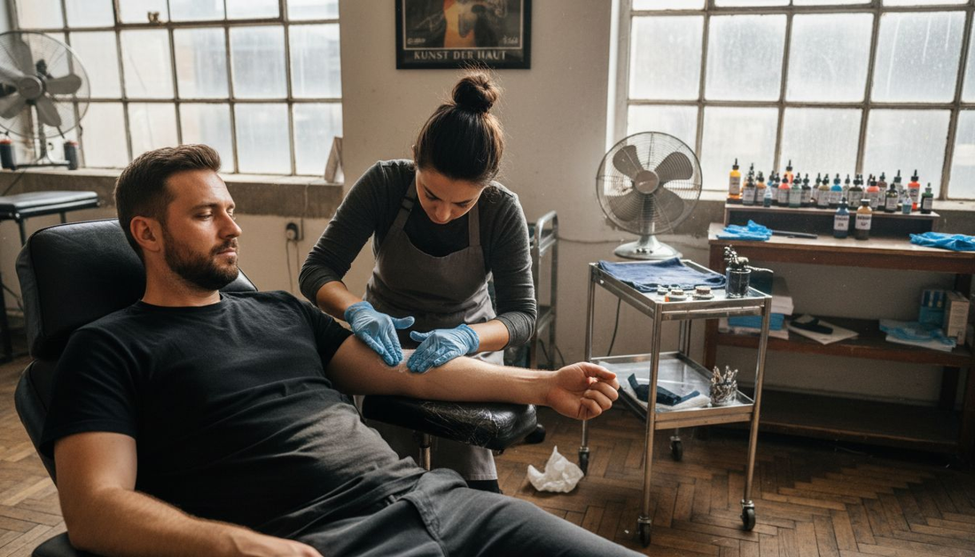 Bevor das Tätowieren beginnt, trägt der Tätowierer eine spezielle Creme auf die Haut auf, um sie optimal auf die Sitzung vorzubereiten.