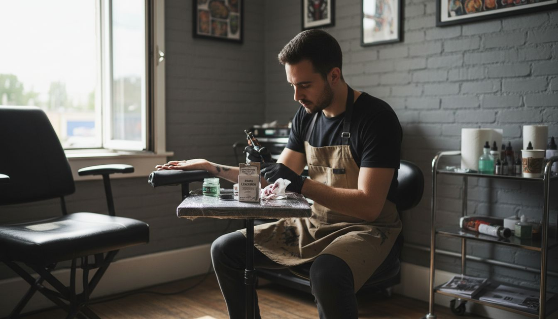 Le tatoueur s'apprête à appliquer une crème anesthésiante à base de lidocaïne.