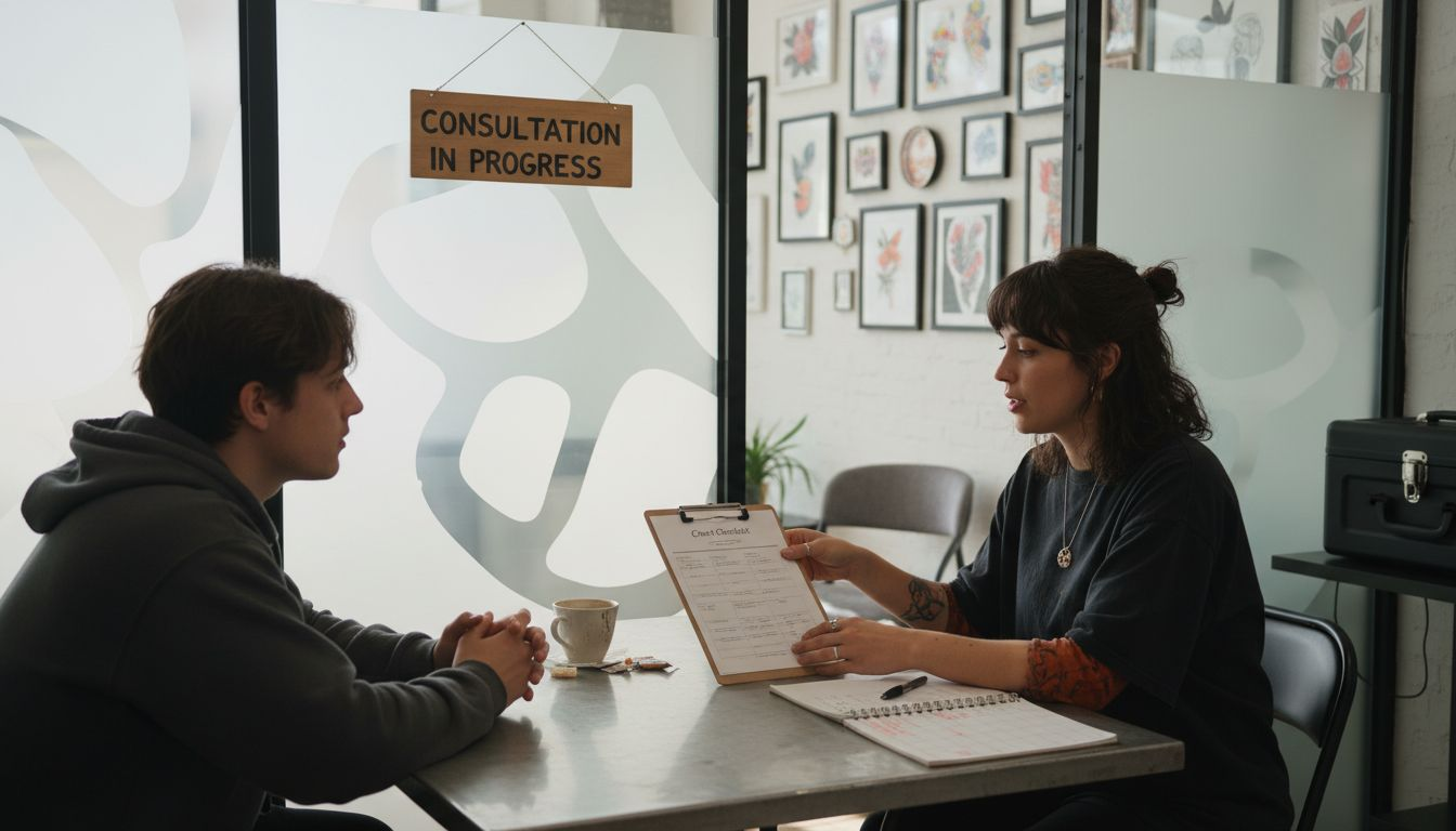 Tattoo artist consults with client at desk