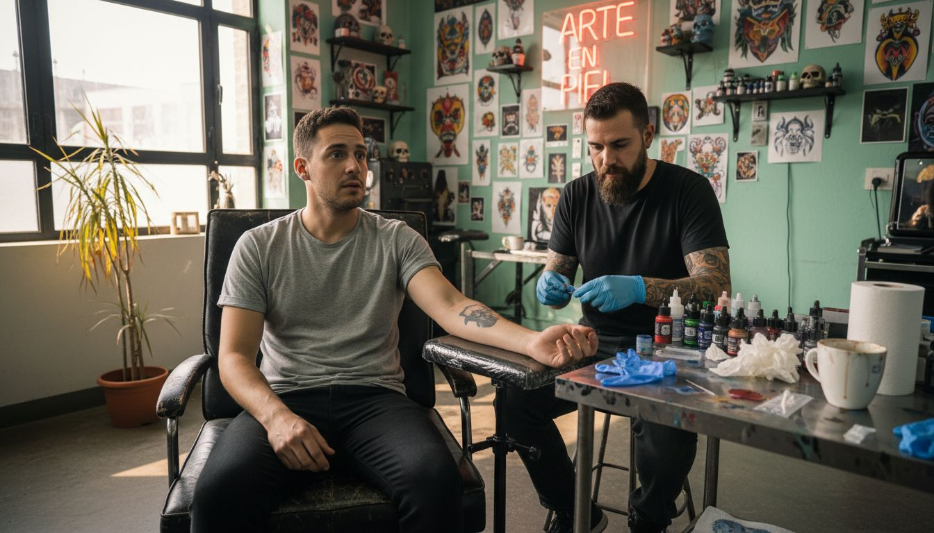 Un cliente aguarda su turno para tatuarse en un estudio con auténtico estilo.