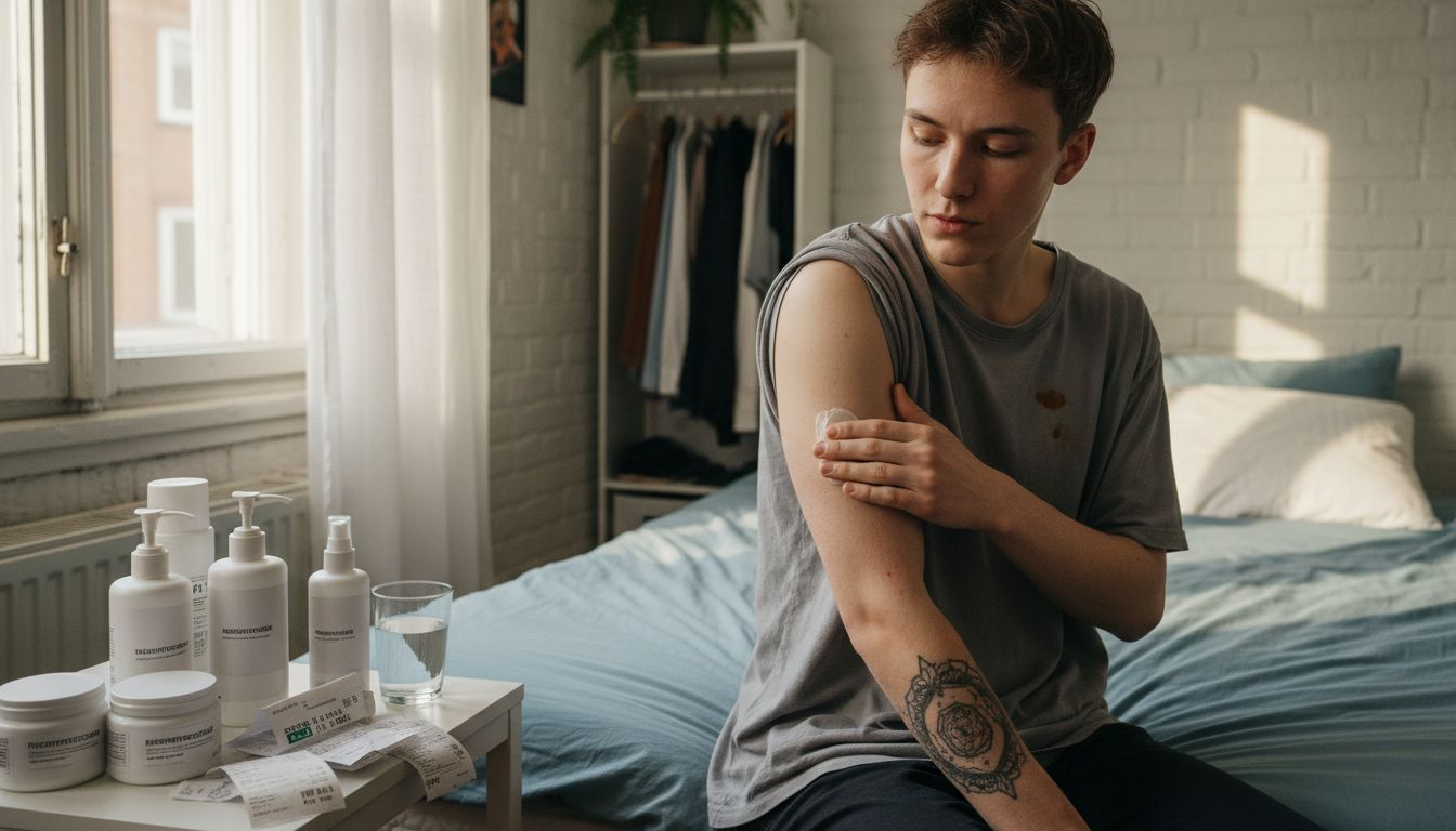 Vor dem Tattoo-Termin cremt sich die Person sorgfältig die Haut ein, um sie optimal auf die Sitzung vorzubereiten.