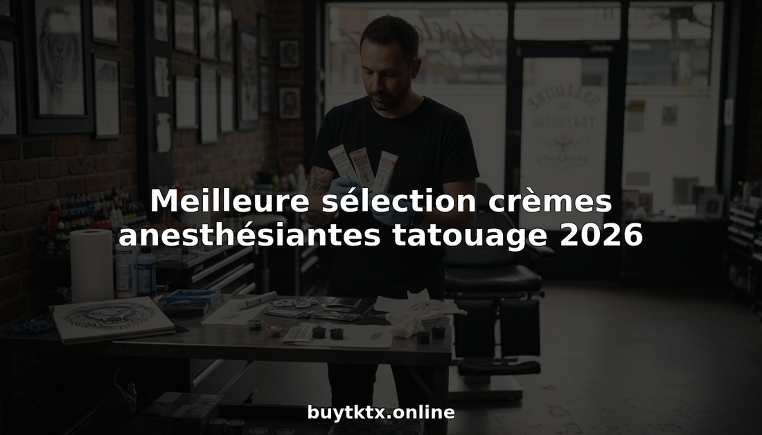 Un tatoueur en train de comparer différentes crèmes anesthésiantes pour choisir la plus adaptée à son travail.