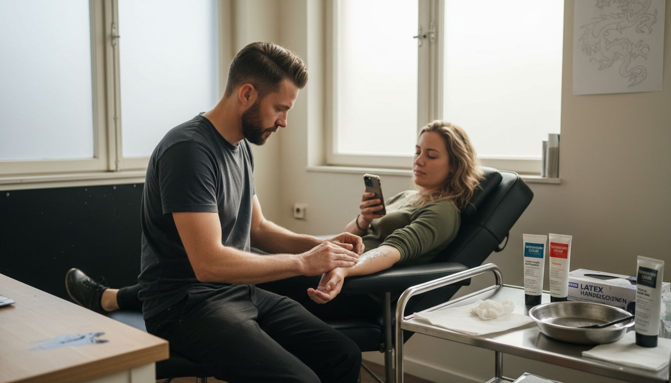 De tatoeëerder brengt verdovende crème aan op de arm van de klant.