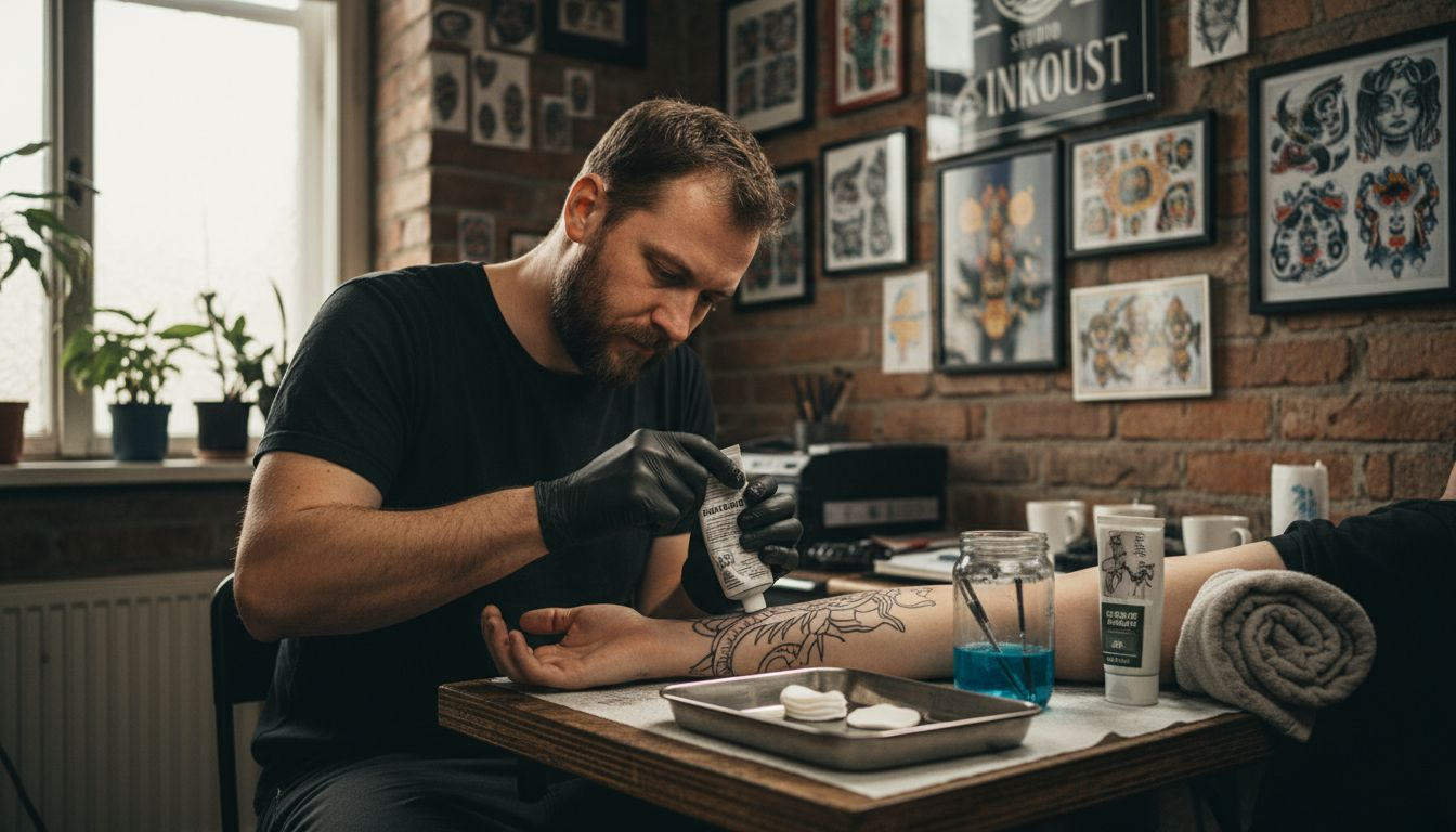 Tatér nanáší znecitlivující krém na pokožku před samotným tetováním.