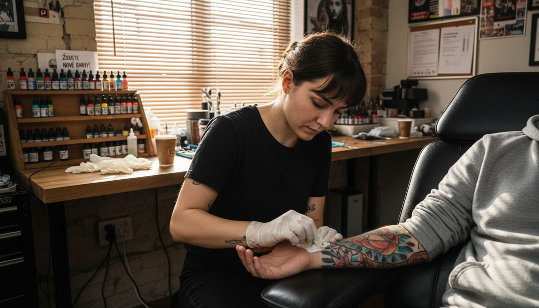 Tatér nanáší znecitlivující krém klientovi, aby mu během tetování zmírnil bolest.