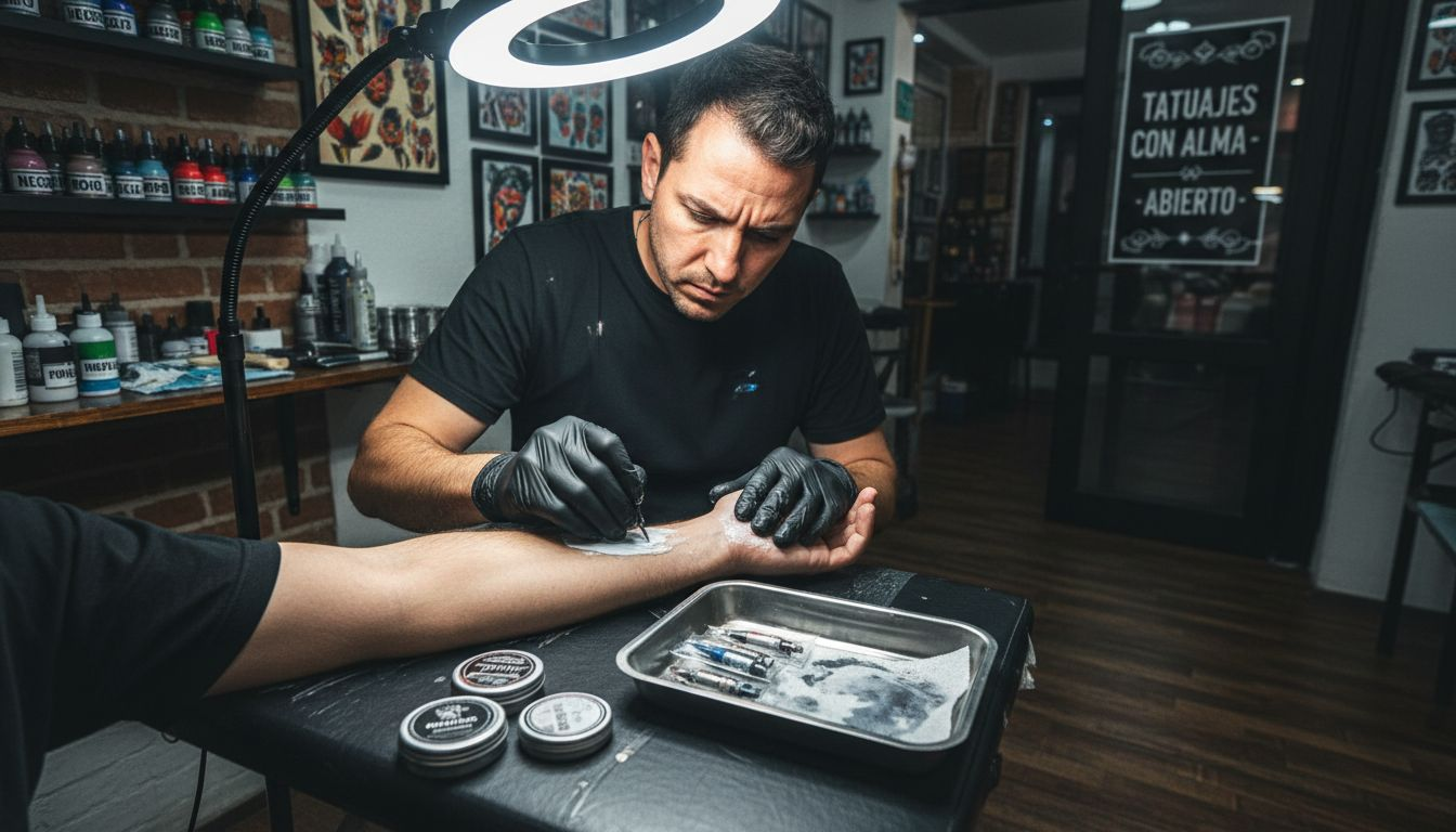 El tatuador está aplicando una crema anestésica en el brazo antes de comenzar el trabajo.